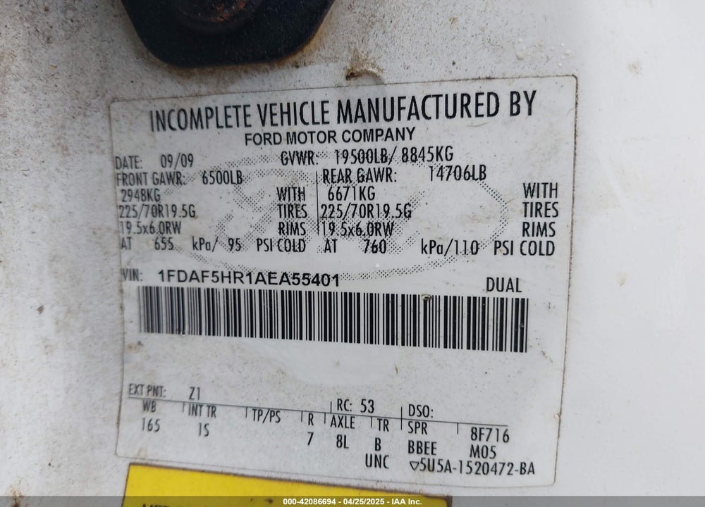 2010 FORD F-550 CHASSIS XL/XLT VIN: 1FDAF5HR1AEA55401