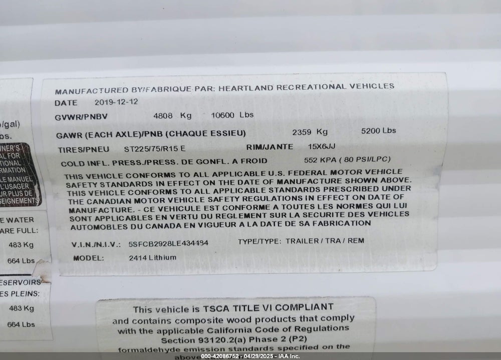 2020 HEARTLAND LITHIUM VIN: 5SFCB2928LE434484