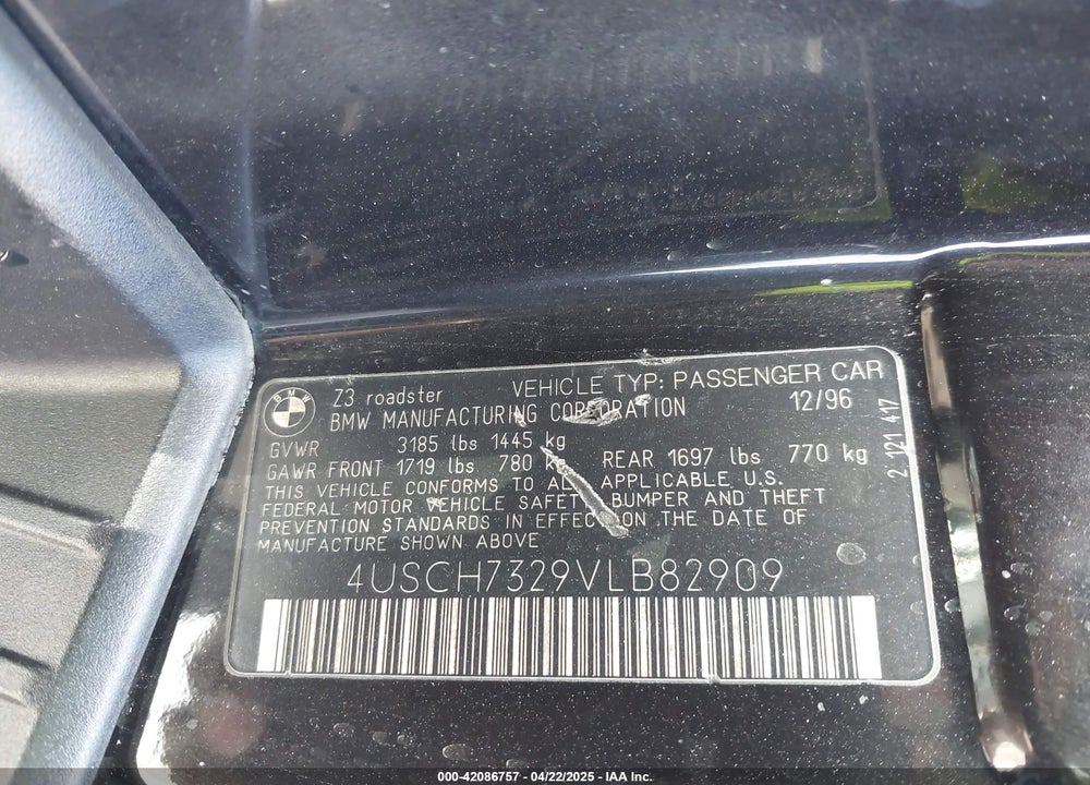 1997 BMW Z3 1.9L VIN: 4USCH7329VLB82909