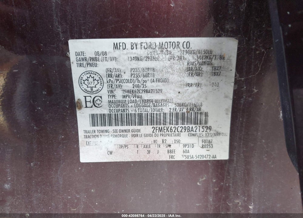 2009 FORD FLEX SEL VIN: 2FMEK62C29BA21529