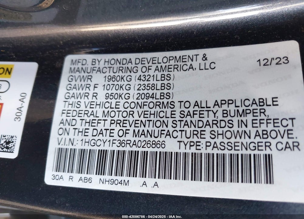 2024 HONDA ACCORD EX VIN: 1HGCY1F36RA026866