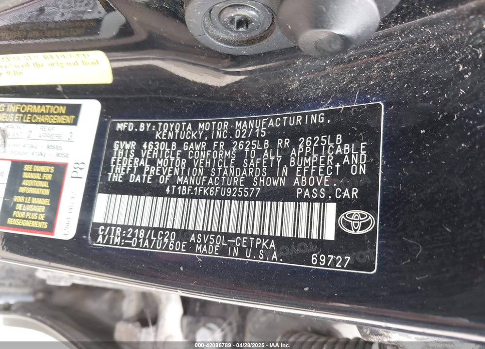 2015 TOYOTA CAMRY VIN: 4T1BF1FK6FU925577
