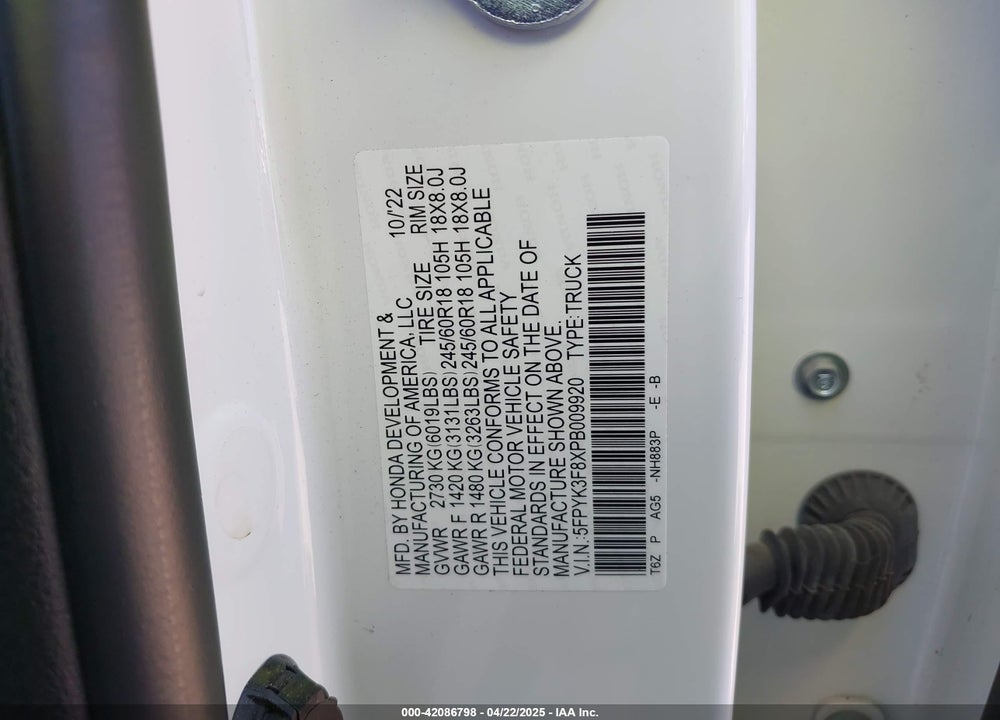 2023 HONDA RIDGELINE VIN: 5FPYK3F8XPB009920