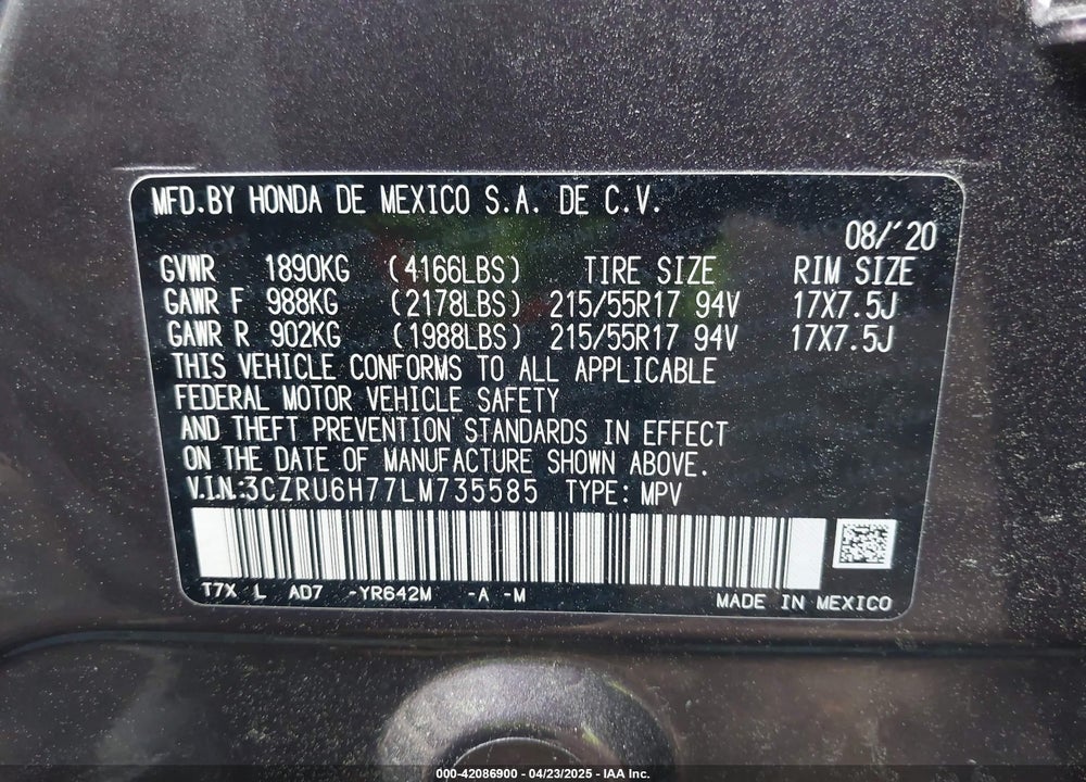 2020 HONDA HR-V AWD EX-L VIN: 3CZRU6H77LM735585