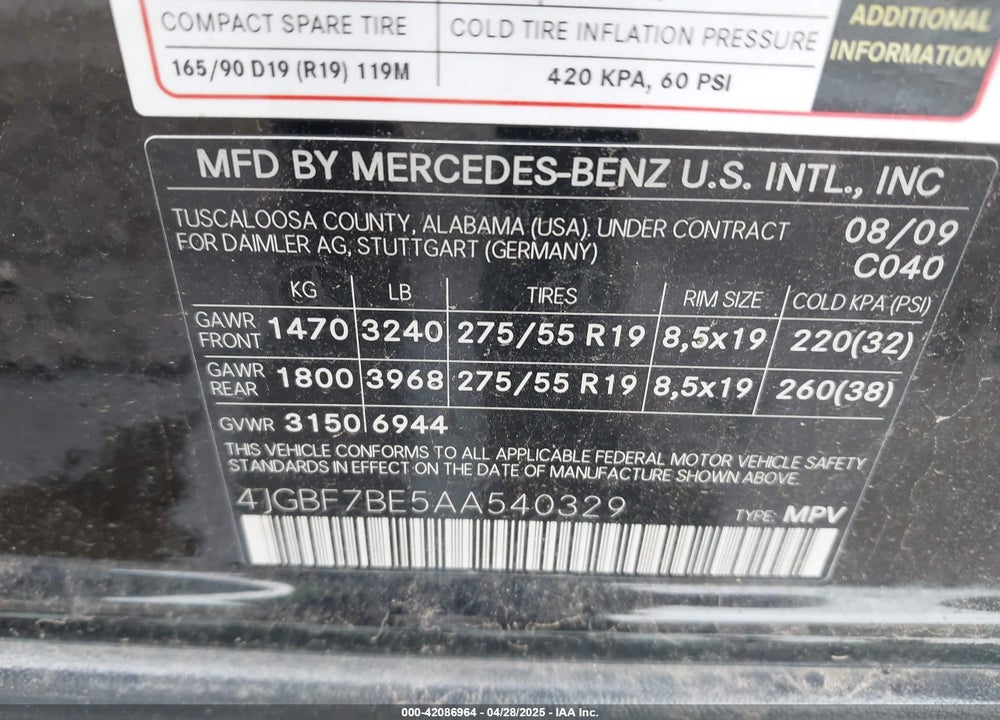 2010 MERCEDES-BENZ GL 450 4MATIC VIN: 4JGBF7BE5AA540329