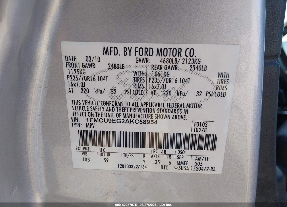2010 FORD ESCAPE LIMITED VIN: 1FMCU9EG2AKC58954