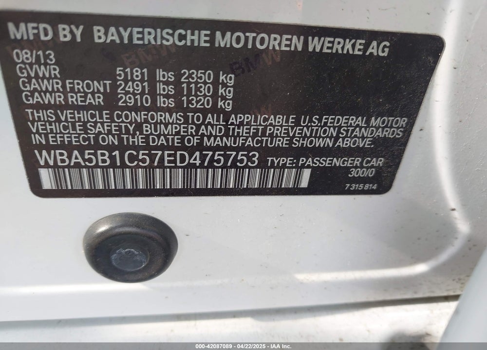2014 BMW 5 SERIES VIN: WBA5B1C57ED475753