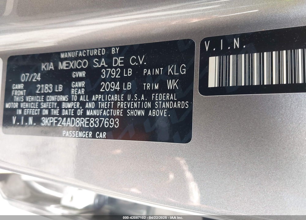2024 KIA FORTE VIN: 3KPF24AD8RE837693