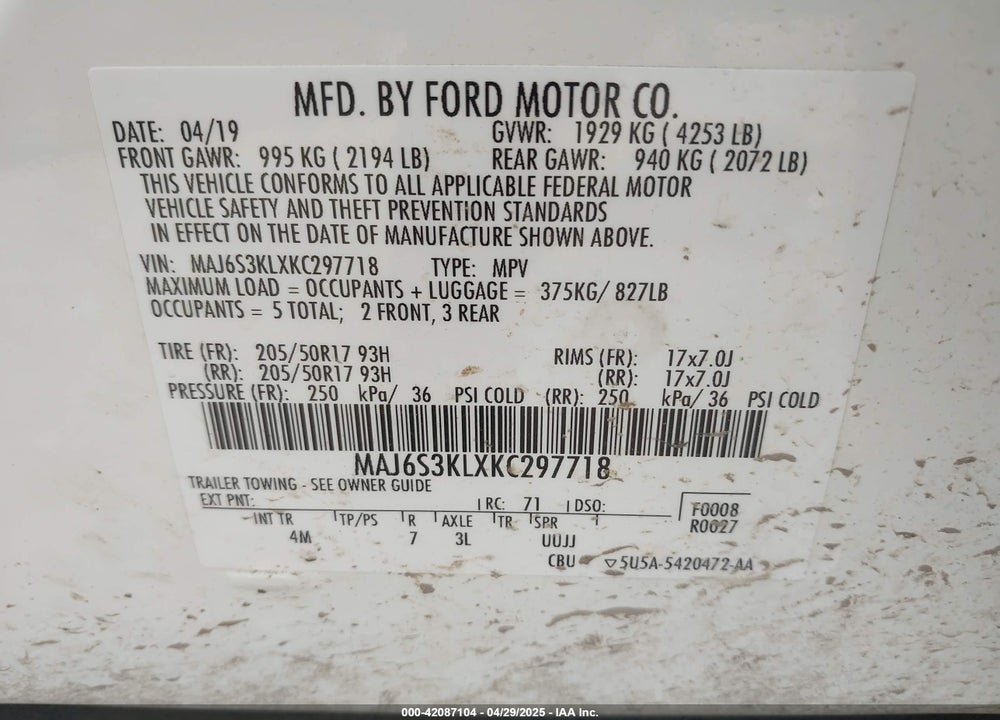 2019 FORD ECOSPORT VIN: MAJ6S3KLXKC297718