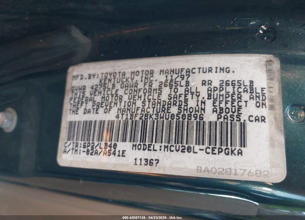1998 TOYOTA CAMRY VIN: 4T1BF28K3WU050896