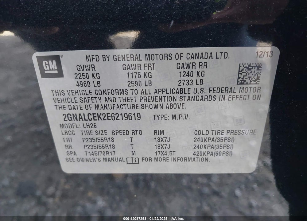 2014 CHEVROLET EQUINOX 2LT VIN: 2GNALCEK2E6219619