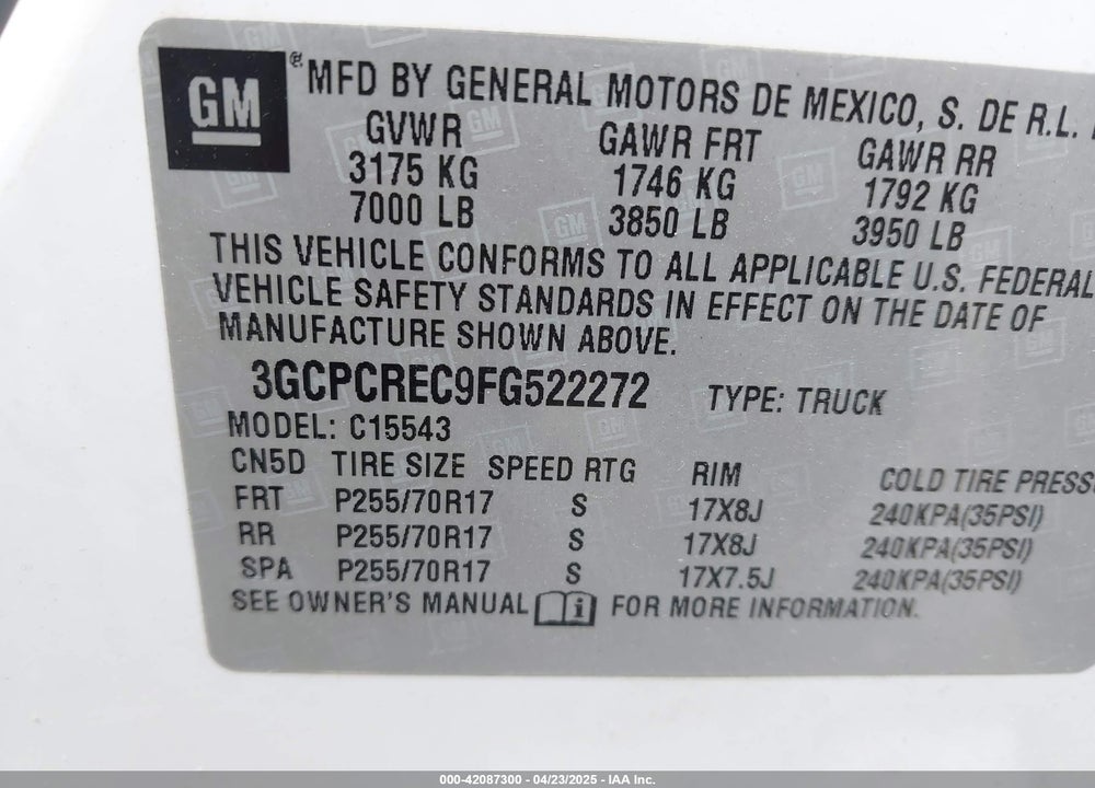 2015 CHEVROLET SILVERADO 1500 1LT VIN: 3GCPCREC9FG522272