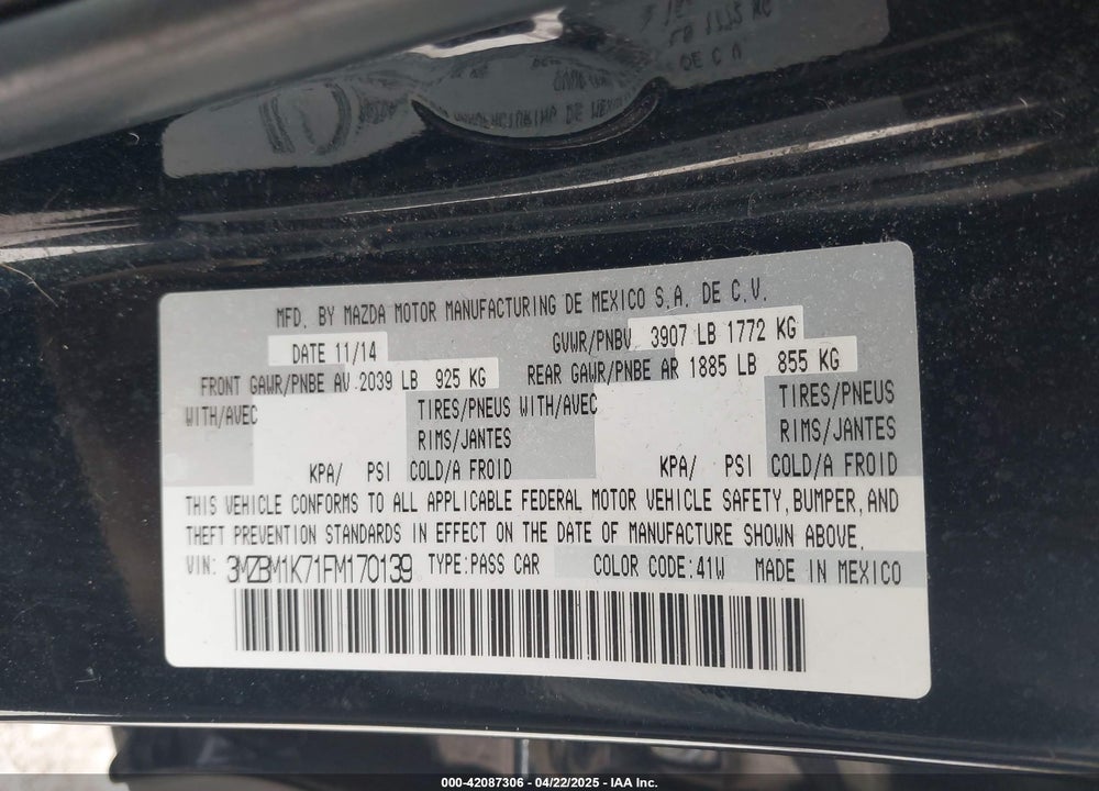 2015 MAZDA 3 VIN: 3MZBM1K71FM170139
