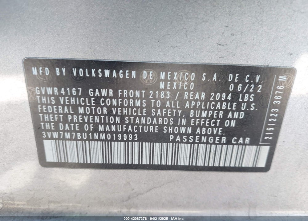 2022 VOLKSWAGEN JETTA VIN: 3VW7M7BU1NM019993