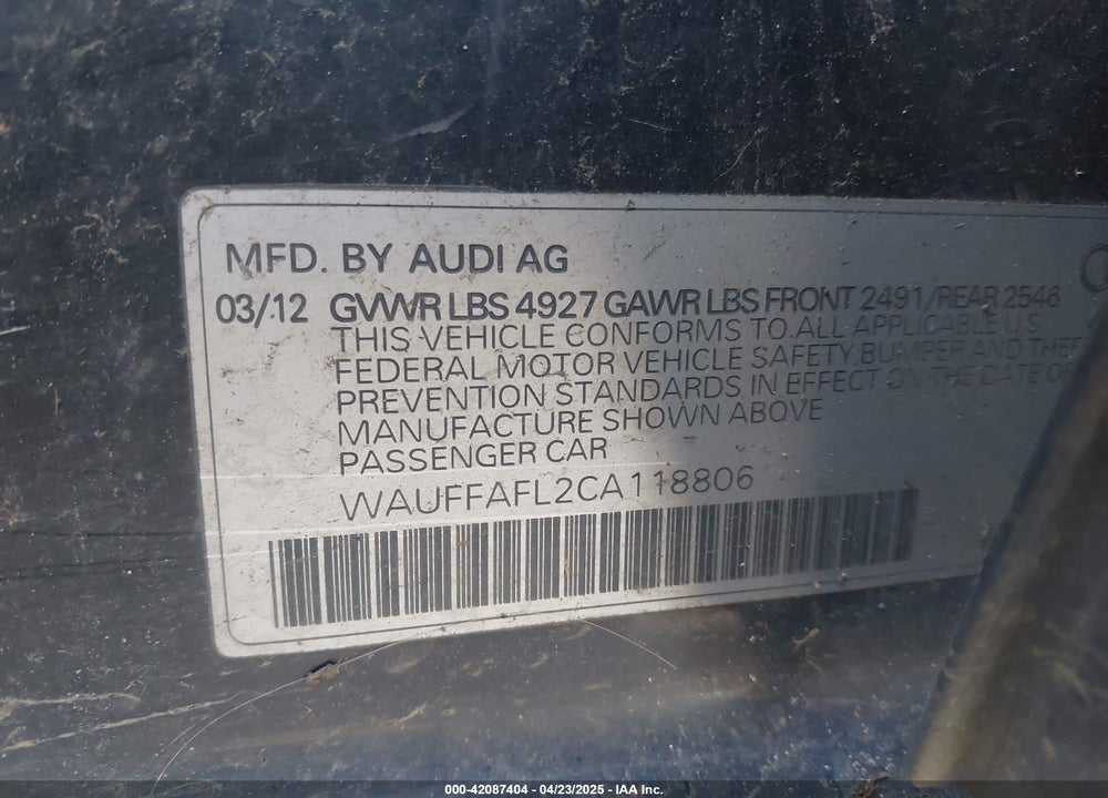 2012 AUDI A4 VIN: WAUFFAFL2CA118806