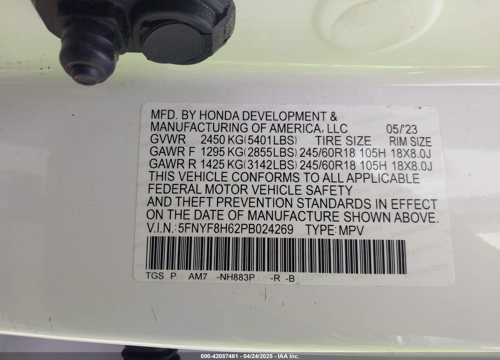 2023 HONDA PASSPORT VIN: 5FNYF8H62PB024269