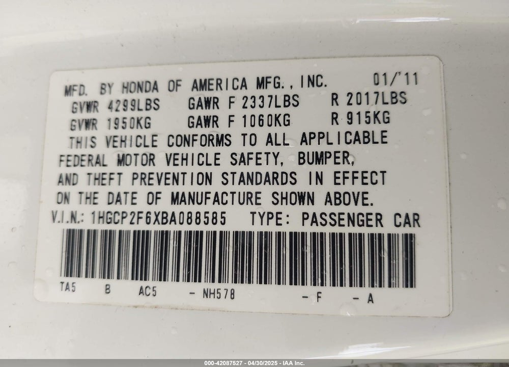 2011 HONDA ACCORD 2.4 SE VIN: 1HGCP2F6XBA088585