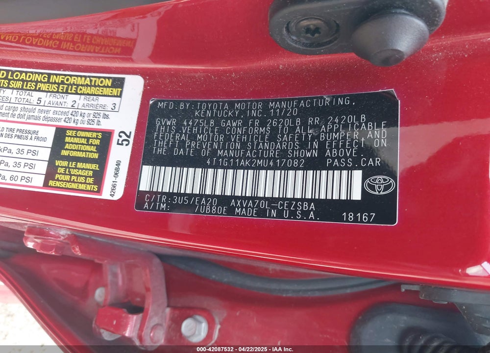 2021 TOYOTA CAMRY SE VIN: 4T1G11AK2MU417082