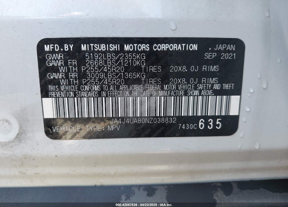 2022 MITSUBISHI OUTLANDER BLACK EDITION S-AWC/SE 2.5 S-AWC/SE LAUNCH EDITION S-AWC VIN: JA4J4UA80NZ038832