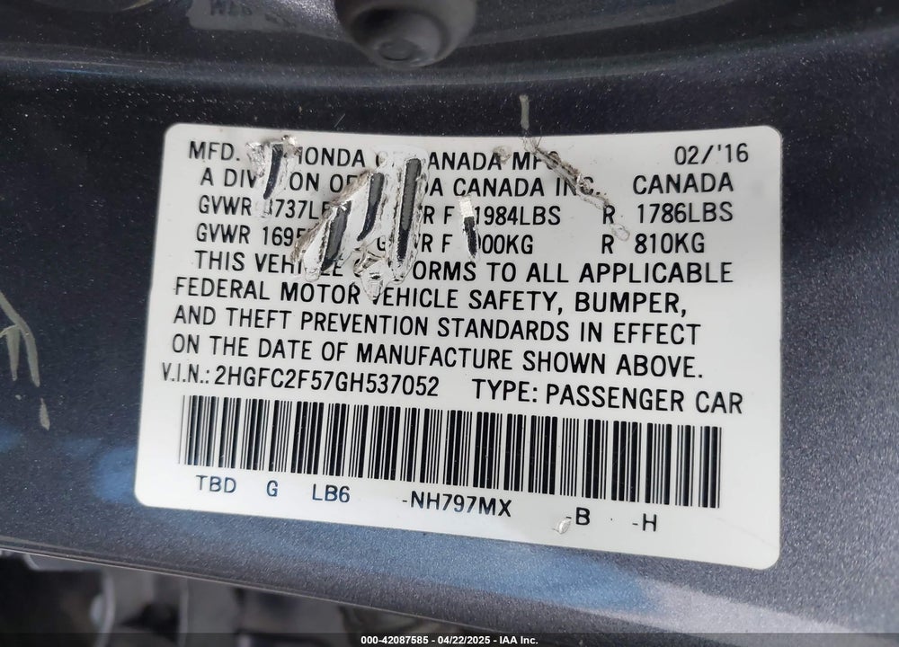 2016 HONDA CIVIC VIN: 2HGFC2F57GH537052