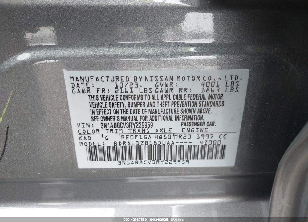 2024 NISSAN SENTRA SV XTRONIC CVT VIN: 3N1AB8CV3RY229959
