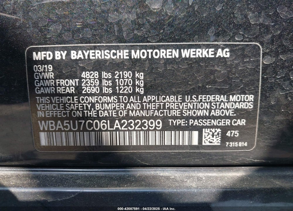 2020 BMW 3 SERIES VIN: WBA5U7C06LA232399