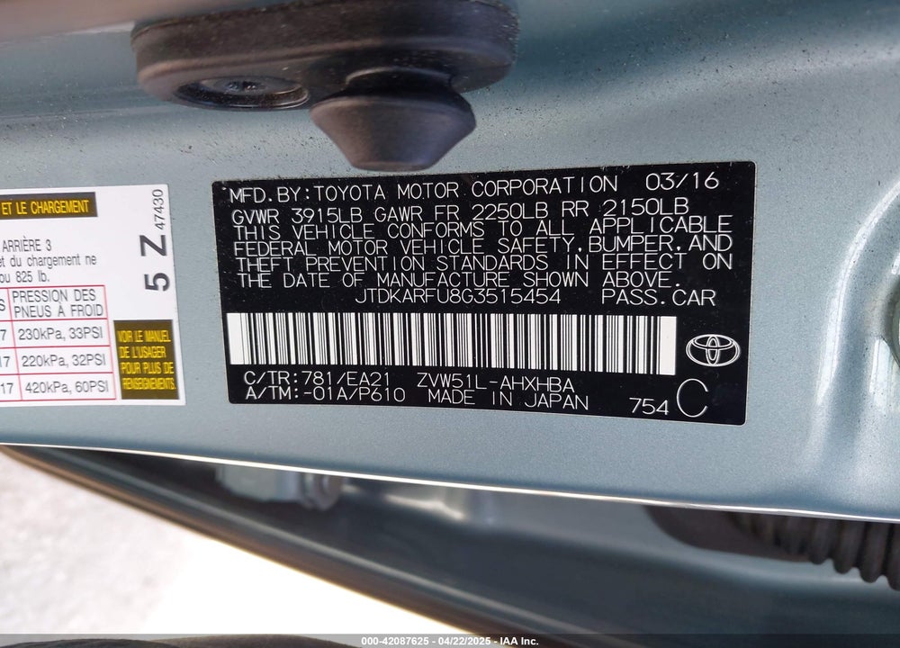 2016 TOYOTA PRIUS THREE TOURING VIN: JTDKARFU8G3515454