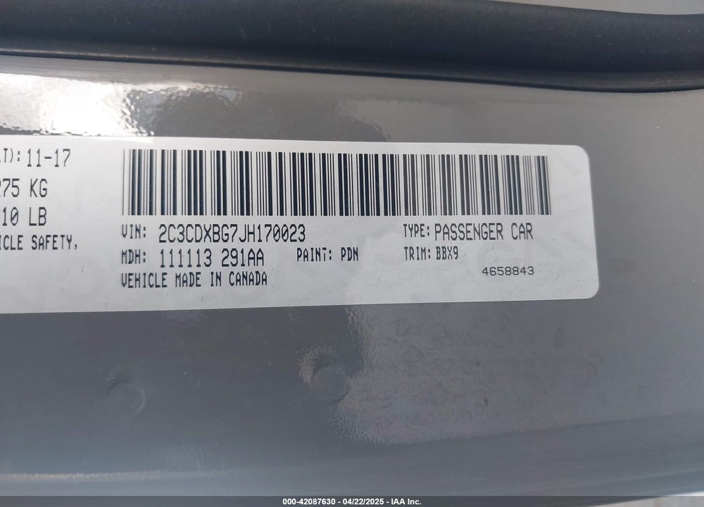 2018 DODGE CHARGER VIN: 2C3CDXBG7JH170023