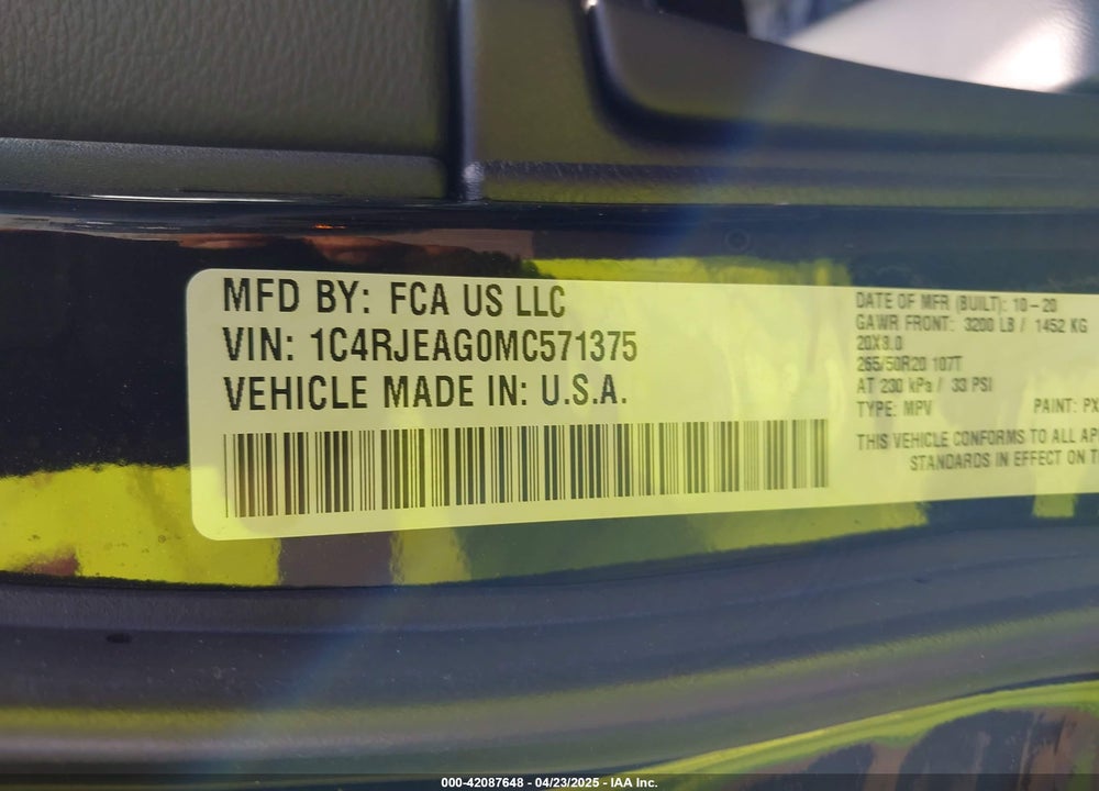 2021 CHEROKEE JEEP GRAND  LAREDO X 4X2 VIN: 1C4RJEAG0MC571375