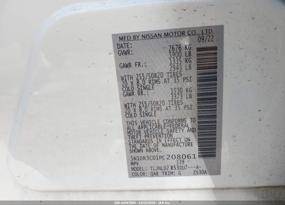 2023 NISSAN PATHFINDER VIN: 5N1DR3CD1PC208061