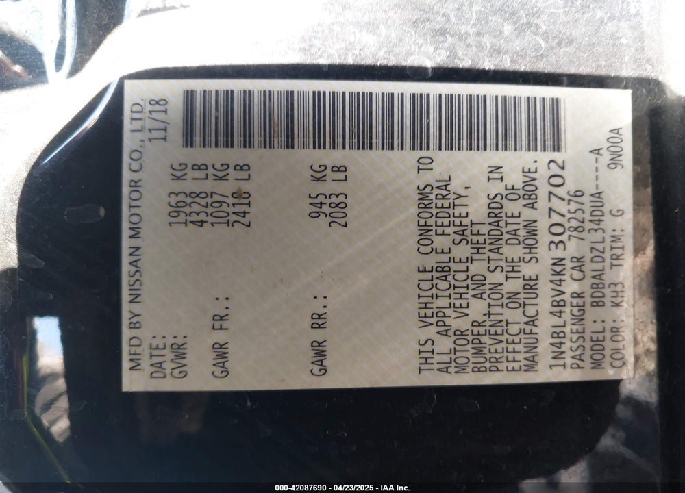 2019 NISSAN ALTIMA VIN: 1N4BL4BV4KN307702