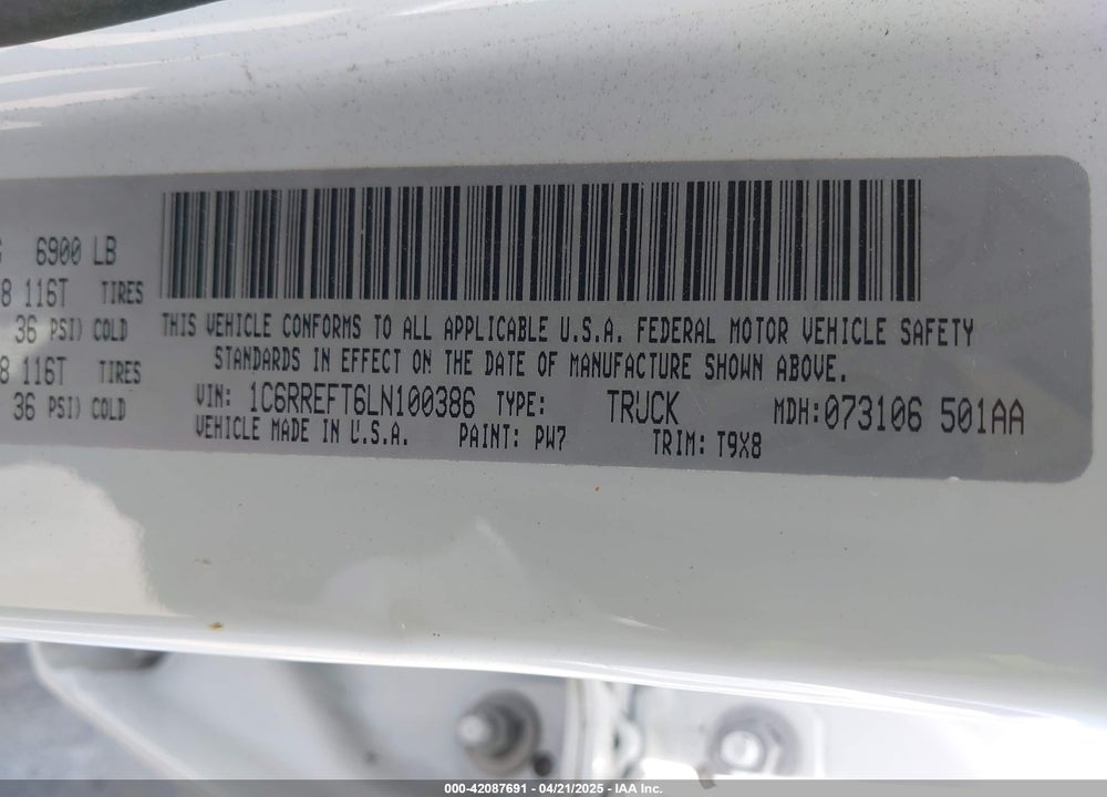 2020 RAM 1500 BIG HORN 4X2 5'7 BOX VIN: 1C6RREFT6LN100386