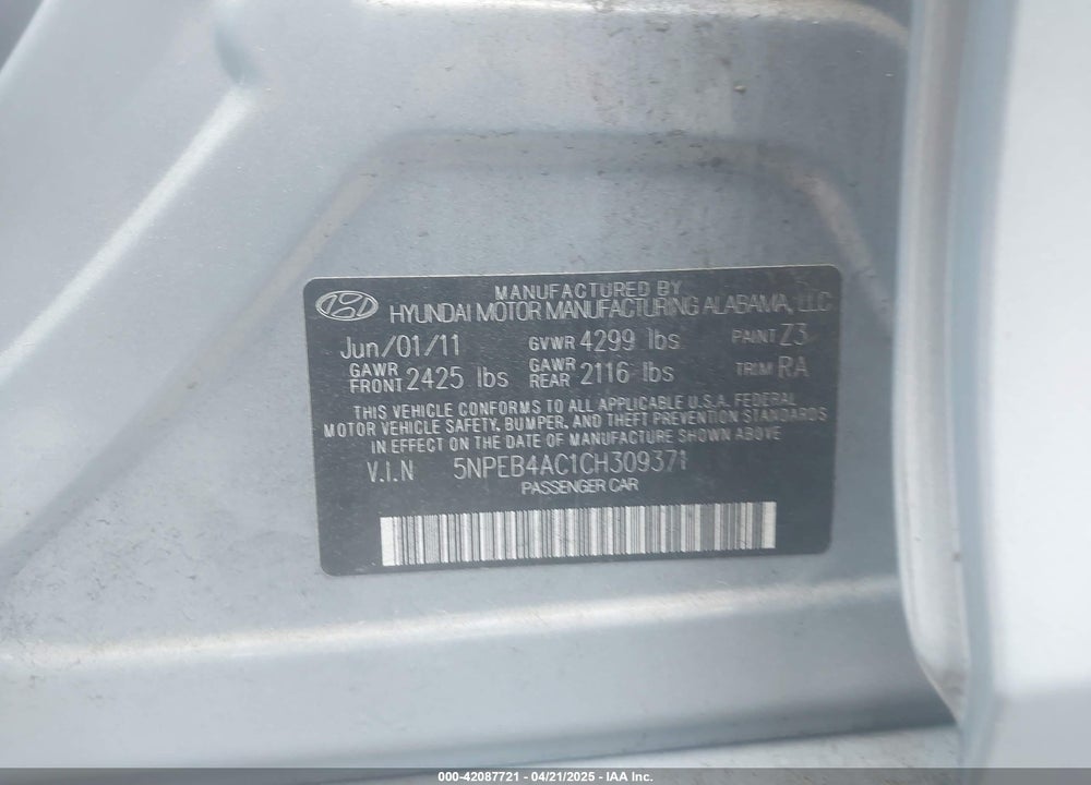 2012 HYUNDAI SONATA VIN: 5NPEB4AC1CH309371