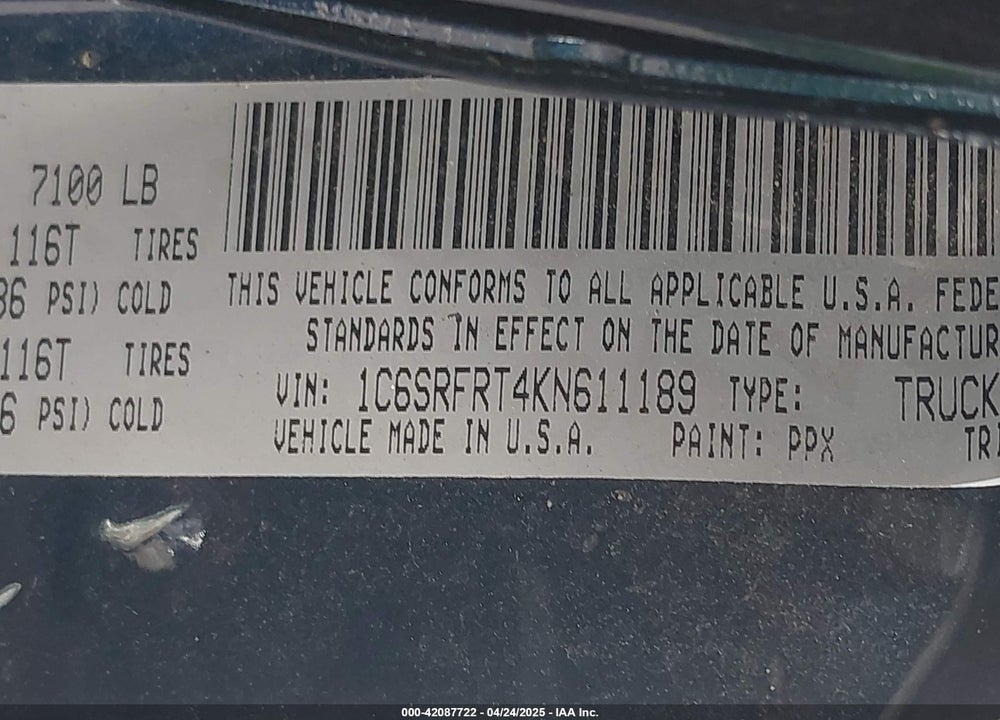 2019 RAM 1500 VIN: 1C6SRFRT4KN611189