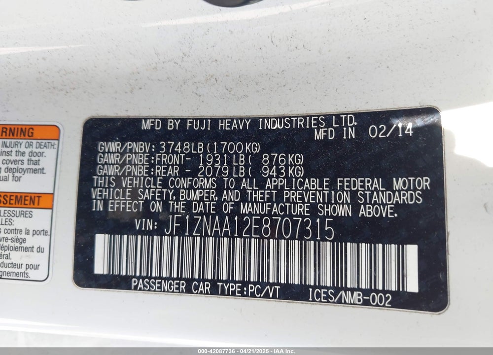 2014 SCION FR-S VIN: JF1ZNAA12E8707315