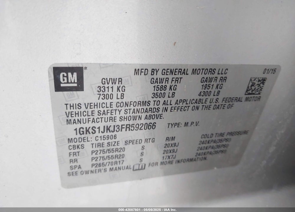 2015 GMC YUKON XL 1500 DENALI VIN: 1GKS1JKJ3FR592066
