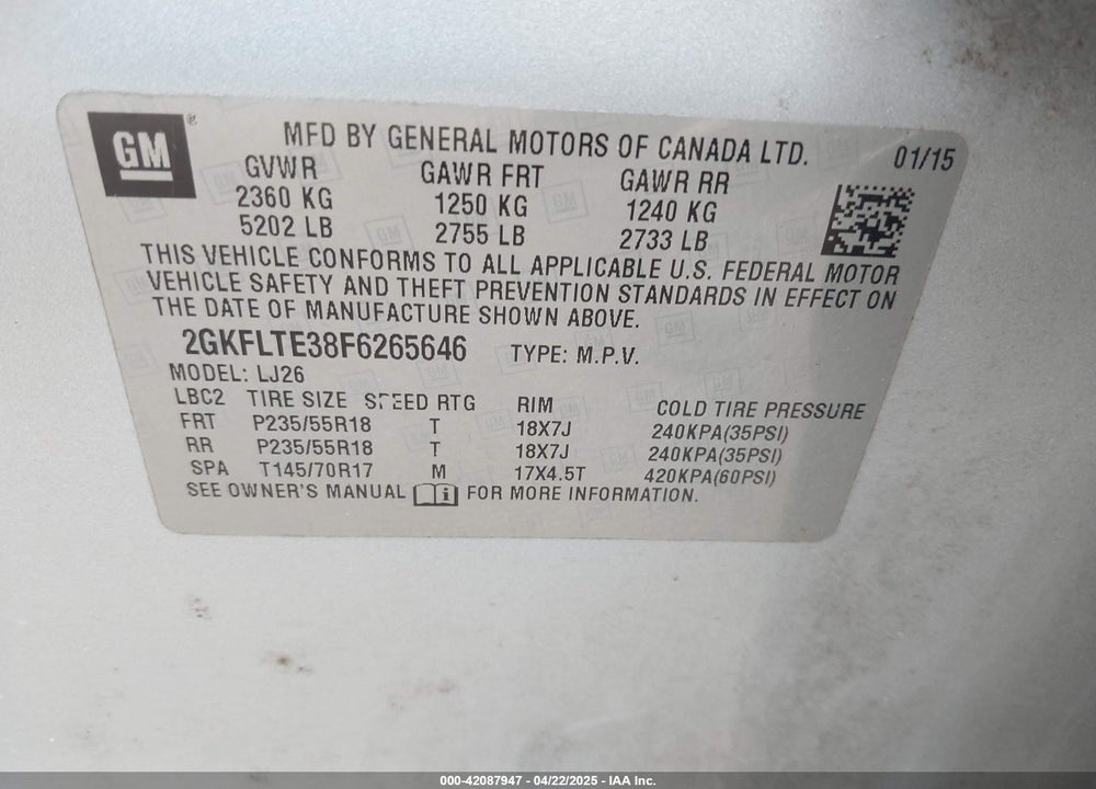 2015 GMC TERRAIN SLT-2 VIN: 2GKFLTE38F6265646