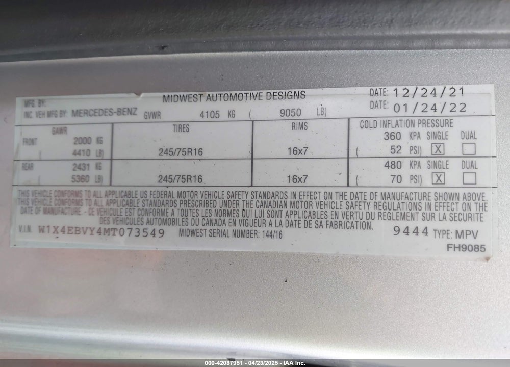 2022 MERCEDES SPRINTER 2500 VIN: W1X4EBVY4MT073549