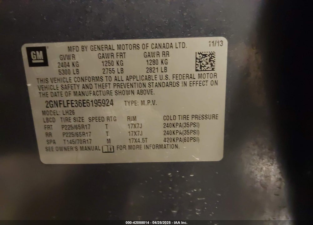 2014 CHEVROLET EQUINOX 1LT VIN: 2GNFLFE36E6195924
