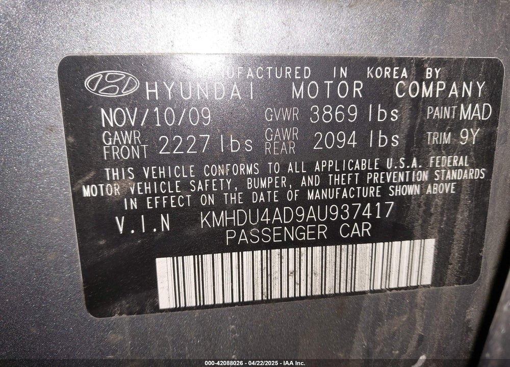 2010 HYUNDAI ELANTRA VIN: KMHDU4AD9AU937417