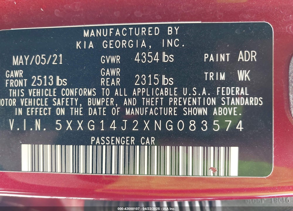 2022 KIA K5 VIN: 5XXG14J2XNG083574