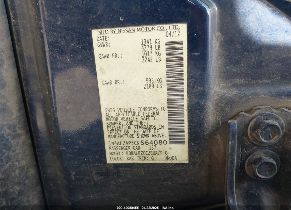 2012 NISSAN ALTIMA VIN: 1N4AL2AP3CN564080