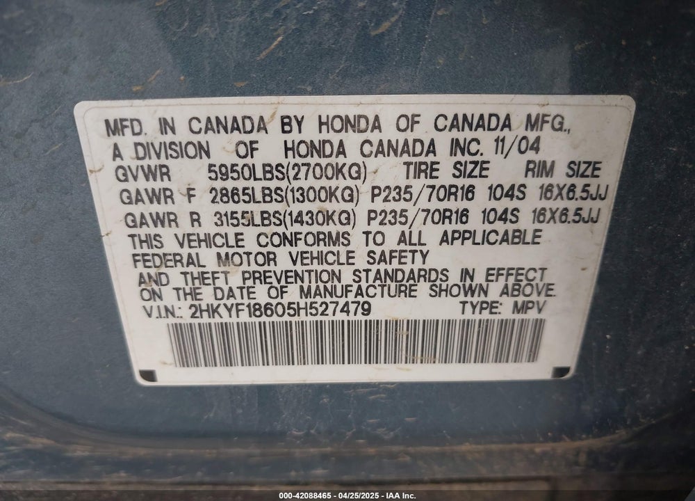 2005 HONDA PILOT EX-L VIN: 2HKYF18605H527479