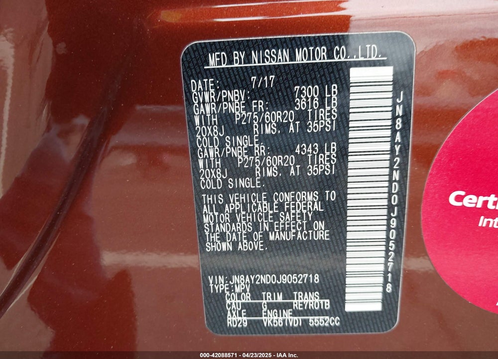 2018 NISSAN ARMADA VIN: JN8AY2ND0J9052718