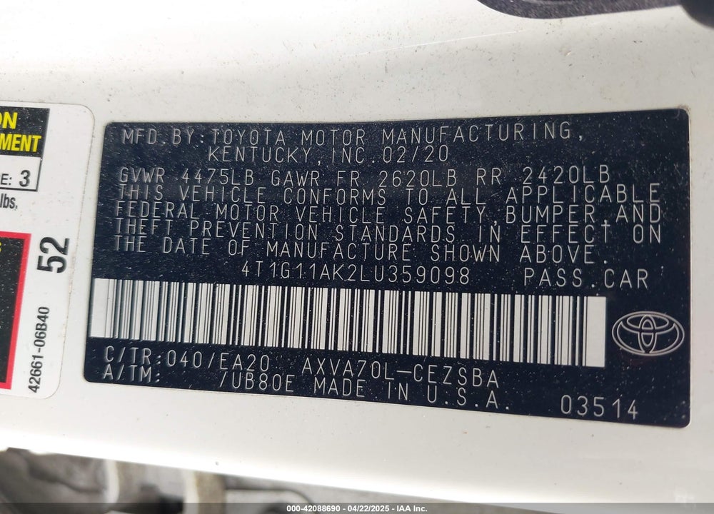 2020 TOYOTA CAMRY VIN: 4T1G11AK2LU359098