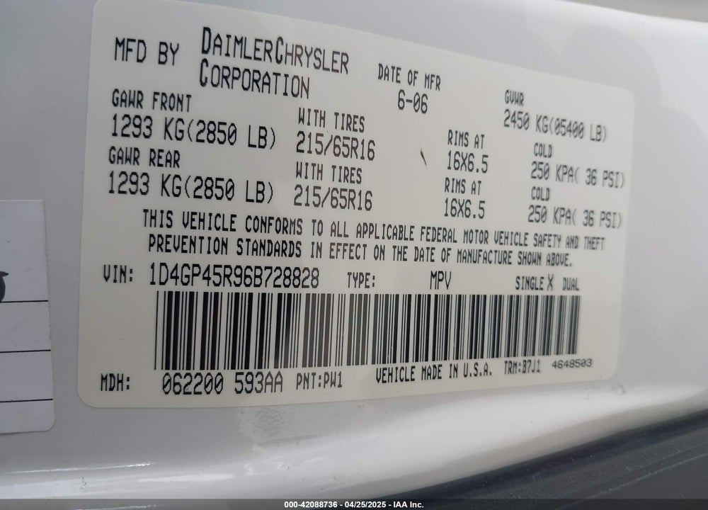 2006 DODGE CARAVAN SXT VIN: 1D4GP45R96B728828