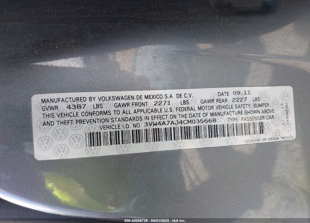 2012 VOLKSWAGEN JETTA VIN: 3VW4A7AJ4CM035668