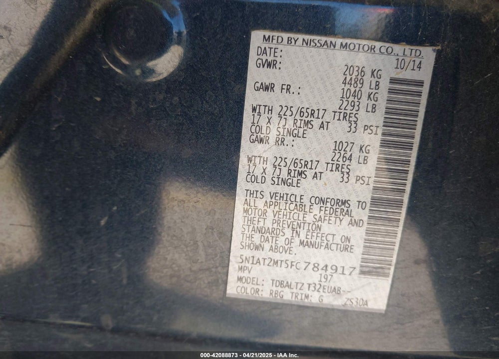 2015 NISSAN ROGUE VIN: 5N1AT2MT5FC784917