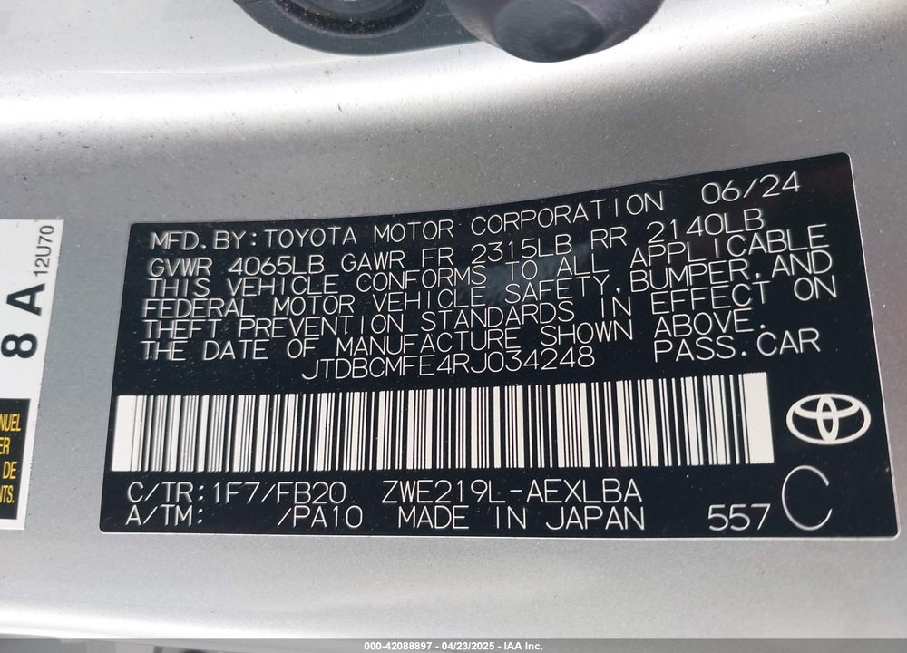2024 TOYOTA COROLLA VIN: JTDBCMFE4RJ034248