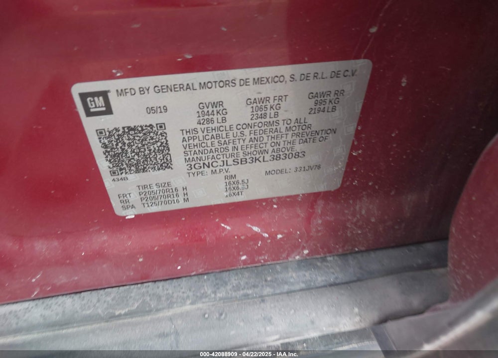 2019 CHEVROLET TRAX VIN: 3GNCJLSB3KL383083
